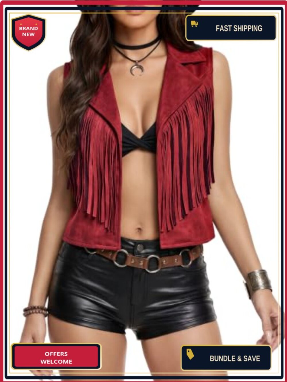Faux Suede Fringe Vest Sleeveless Cropped Western Cowgirl Concert Outfit